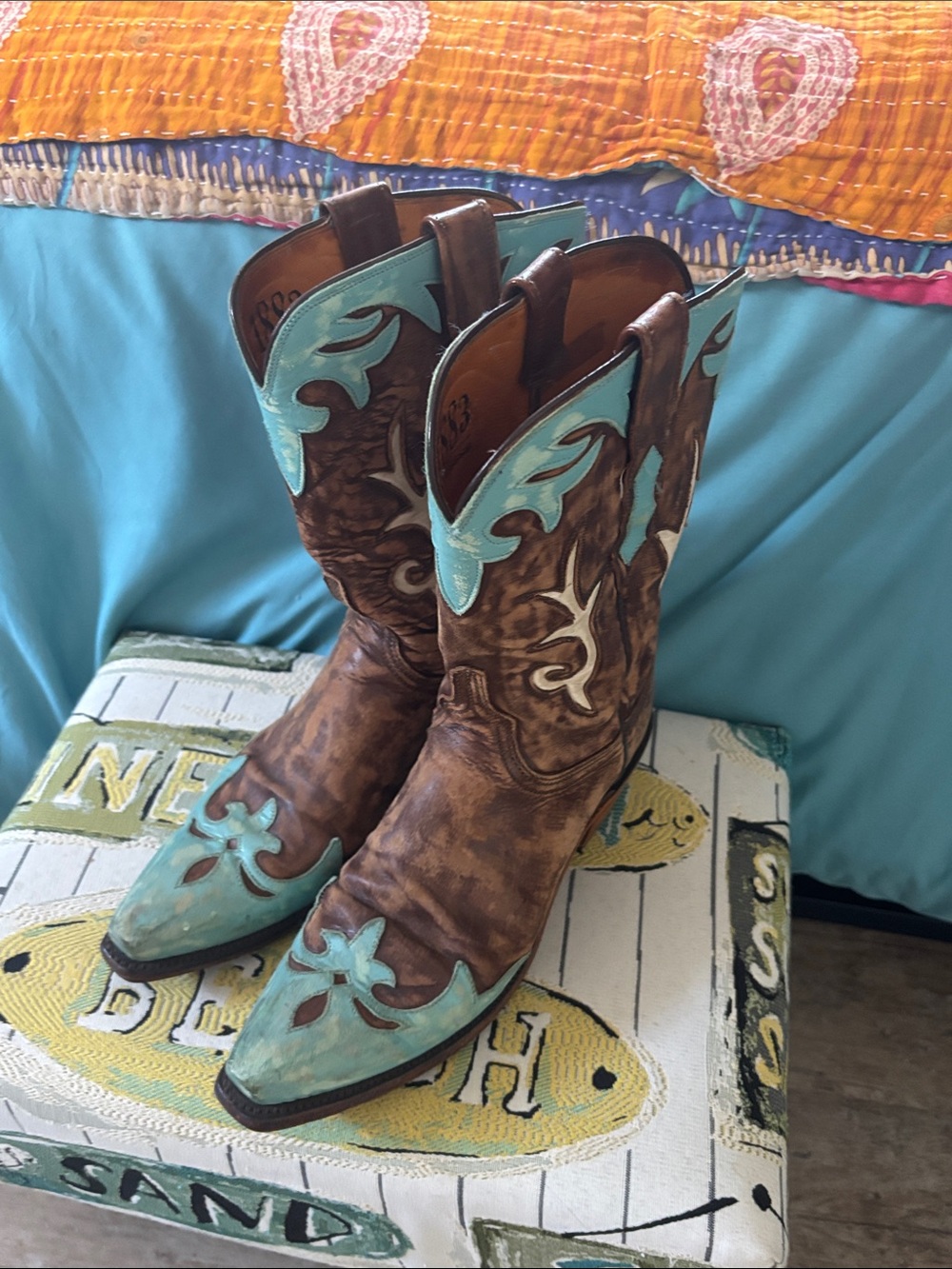 Lucchese Brown Leather Cowboy Boots with Turquoise Accents